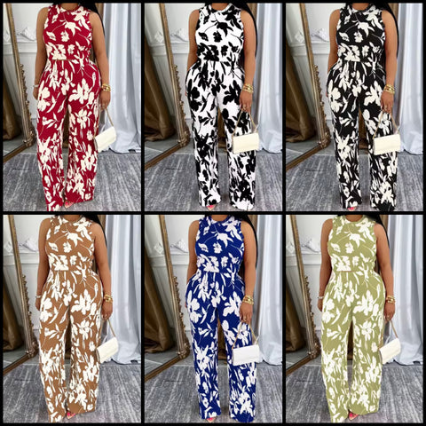 Women Sleeveless Color Floral Print Two Piece Pant Set