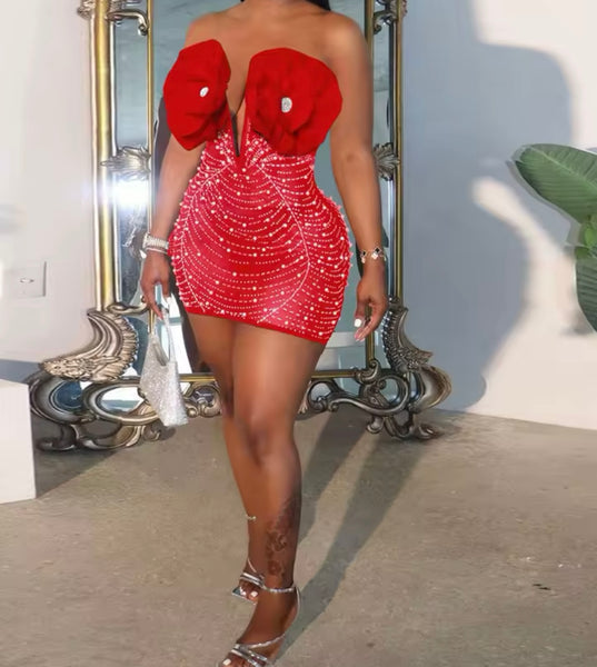 Women Sexy Strapless Red Beaded Mesh Dress