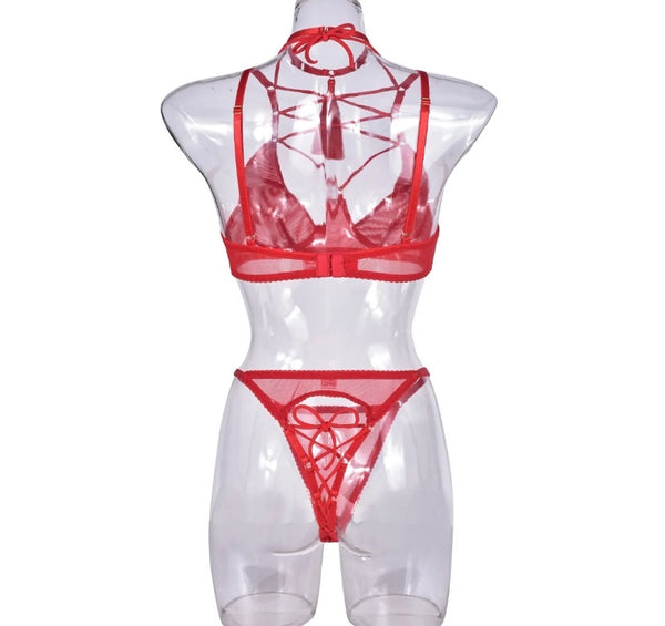 Women Red Sexy Choker Mesh Lingerie Set