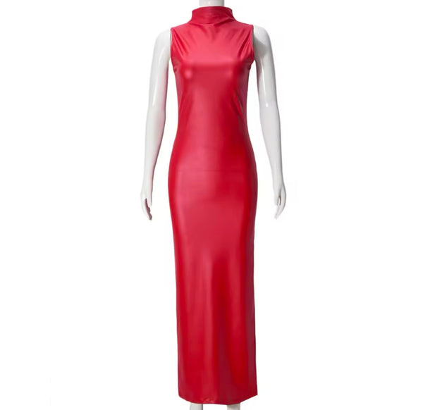 Women Sexy Sleeveless PU Color Maxi Dress