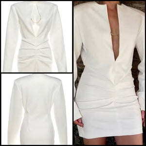 Women White Sexy Chain Deep V-Neck Full Sleeve Ruched Dress