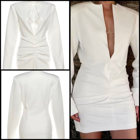 Women White Sexy Chain Deep V-Neck Full Sleeve Ruched Dress