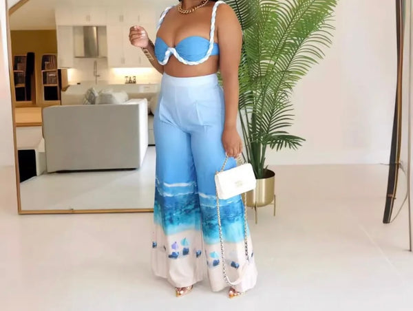 Women Blue Printed Sleeveless Sexy Two Piece Wide Leg Pant Set
