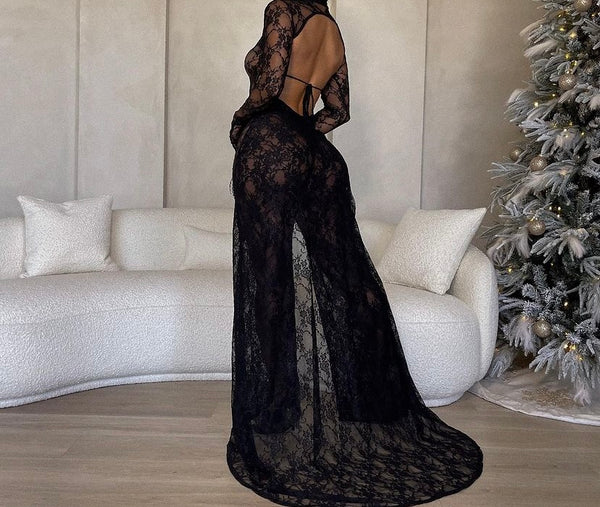 Women Sexy Black Lace Glove Full Sleeve Open Back Asymmetrical Jumpsuit