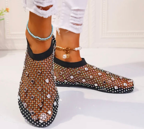 Women Fashion Bling Crystal Netted Flat Sandals