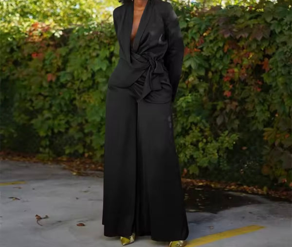 Women Color Fashion Tie Up Blazer Two Piece Wide Leg Pant Set