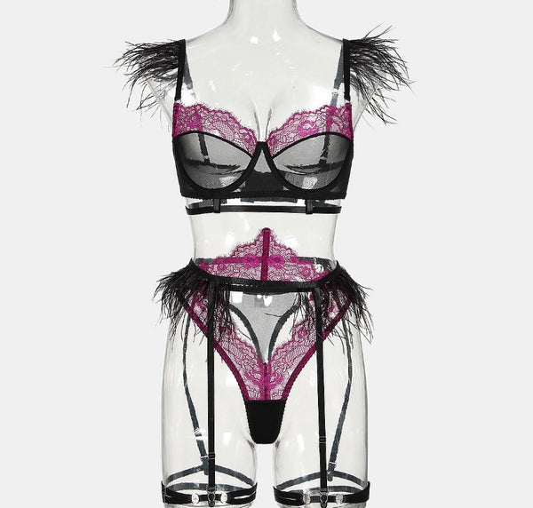 Women Sexy Color Patchwork Lace Feather Lingerie Set