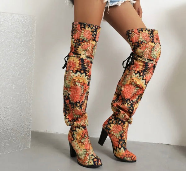 Women Fashion Printed Faux Leather Over The Knee Boots