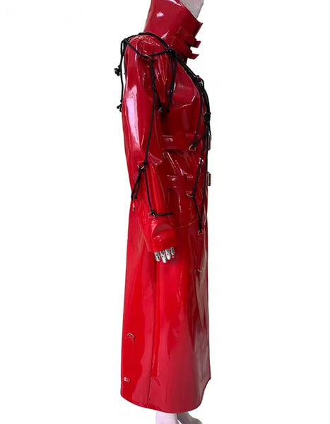 Women Fashion Red PU Leather Gothic Trench Jacket