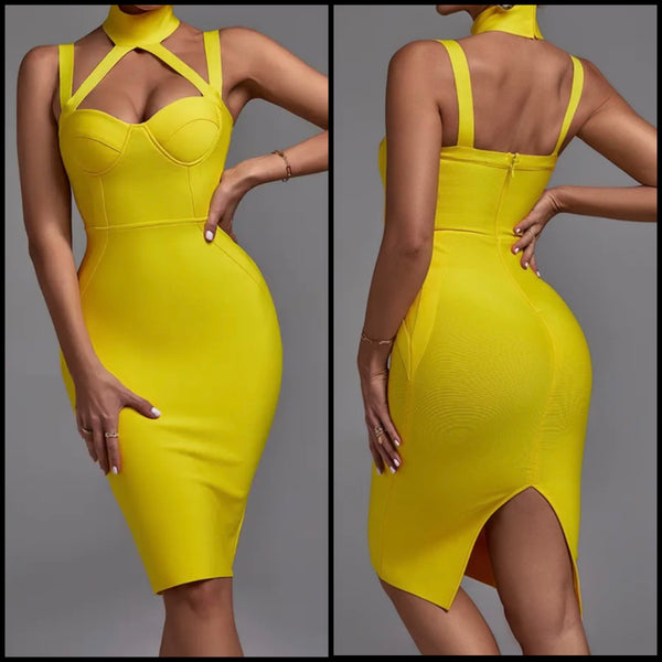 Women Yellow Sexy Sleeveless Bodycon Dress