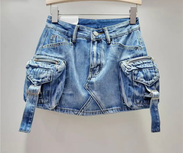 Women Fashion Cargo Buckled Denim Skirt