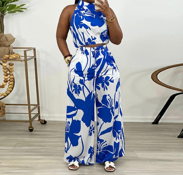 Women Sleeveless Color Patchwork Printed Two Piece Fashion Pant Set