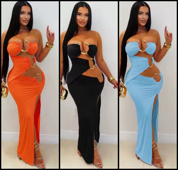 Women Sexy Strapless Metal Cut Out Maxi Dress