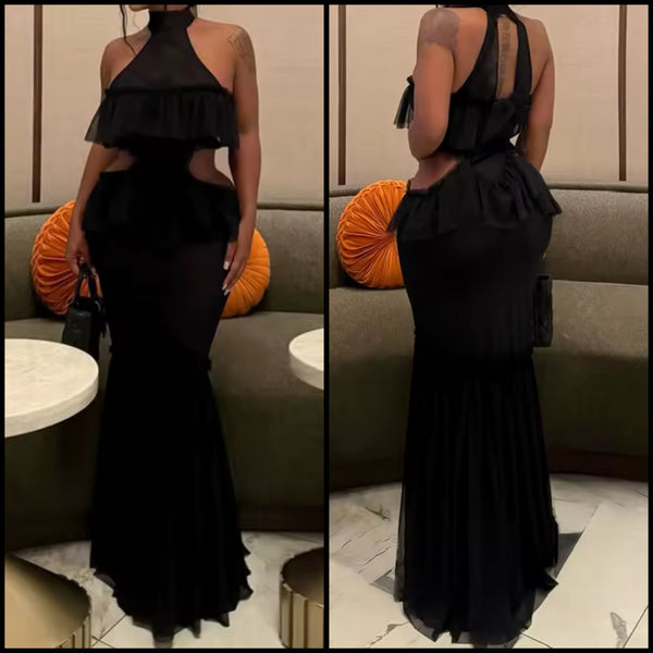 Women Sexy Halter Sleeveless Black Ruffled Mesh Maxi Dress