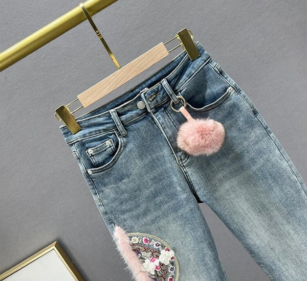 Women Fashion Embroidery Faux Fur Patchwork Denim Pants