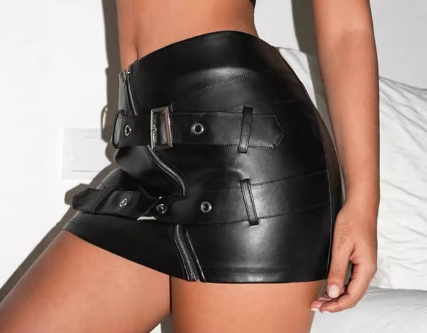 Women Sexy Fashion Faux Leather Zipper Buckled Skirt