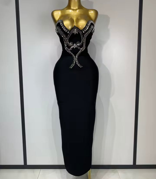 Women Sexy Strapless Crystal Rhinestone Black Maxi Dress