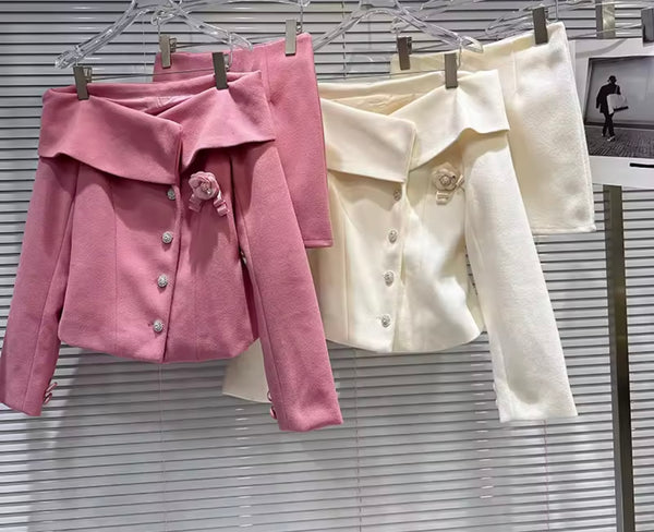 Women Off The Shoulder Button Up Blazer Two Piece Skirt Set