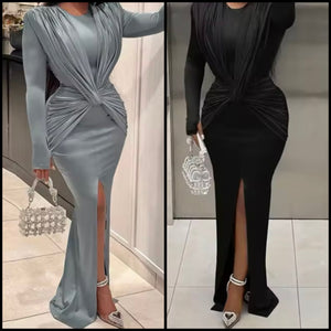 Women Sexy Solid Color Ruched Full Sleeve Maxi Dress