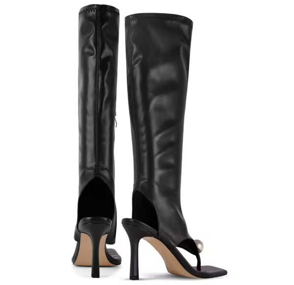 Women Fashion Metal Ball Open Toe Knee High Boots