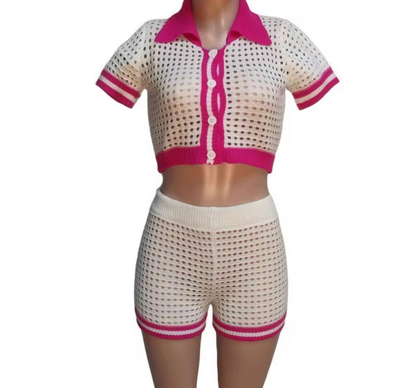 Women Fashion Button Up Color Patchwork Two Piece Short Set