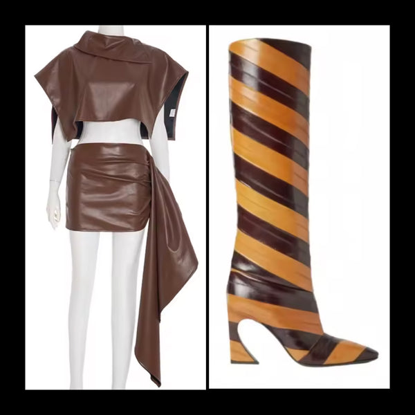 Women Faux Leather Irregular Crop Two Piece Skirt Set