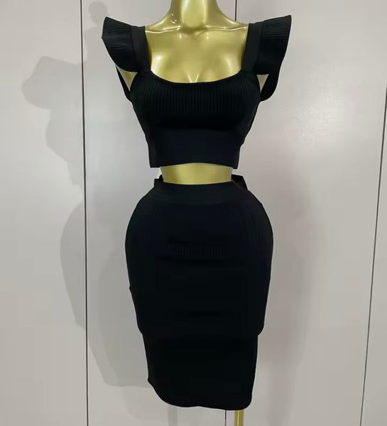 Women Sexy Ruffled Sleeveless Crop Two Piece Skirt Set