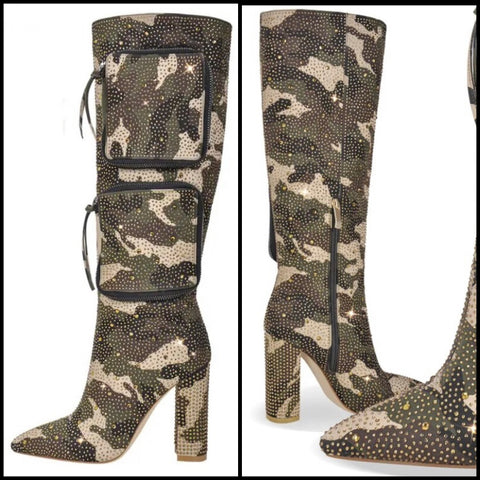 Women Fashion Bling Pocket Camouflage Knee High Boots