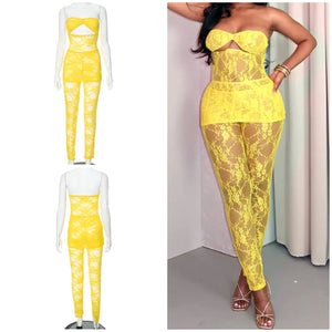 Women Sexy Yellow Sleeveless Lace Two Piece Pant Set