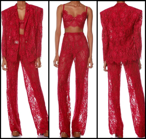 Women Sexy Fashion Lace Three Piece Pant Set