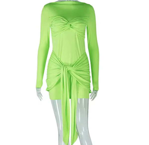 Women Sexy Color Ruched Full Sleeve Dress