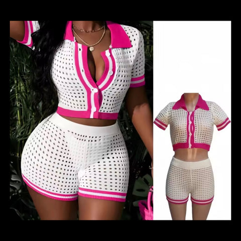 Women Fashion Button Up Color Patchwork Two Piece Short Set