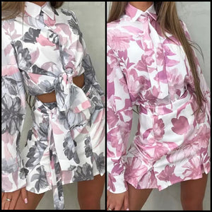 Women Sexy Floral Full Sleeve Two Piece Skirt Set