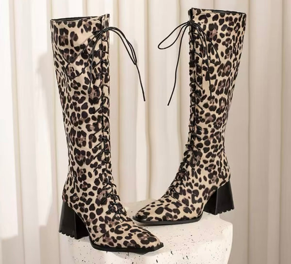 Women Fashion Pointed Toe Lace Up Knee High Boots