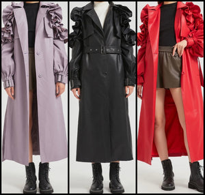 Women Color Ruffled Fashion Faux Leather Trench Jacket