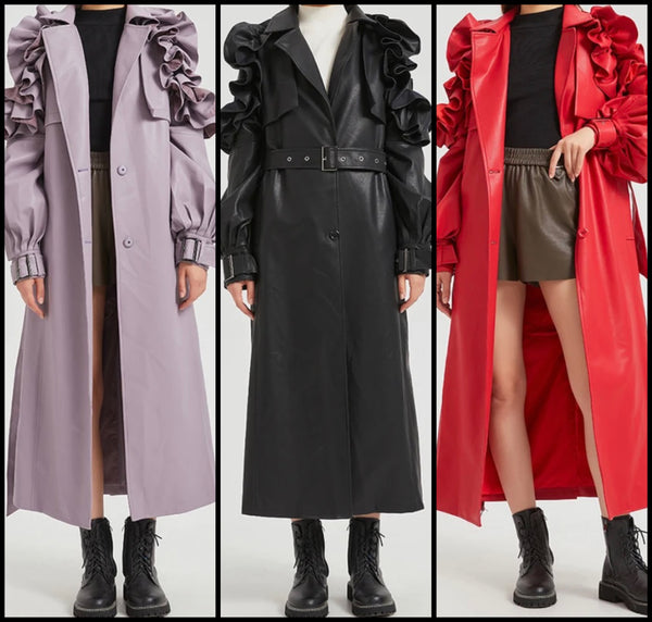 Women Color Ruffled Fashion Faux Leather Trench Jacket