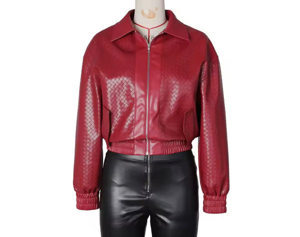 Women Fashion Color Zip Up Faux Leather Jacket