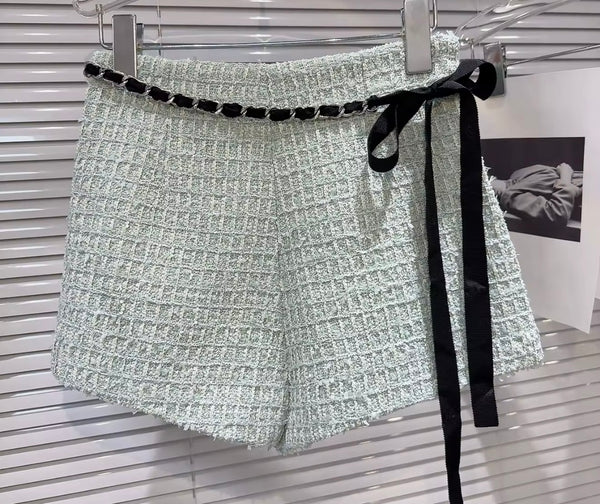 Women Color Strapless Tweed Two Piece Short Set