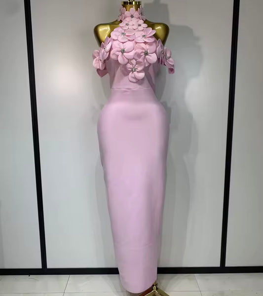 Women Pink Bling Floral Halter Sleeveless Sexy Maxi Dress