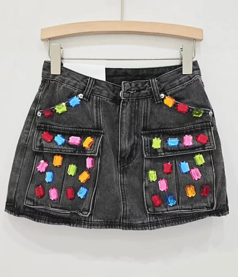 Women Fashion Color Crystal Patchwork Denim Skirt