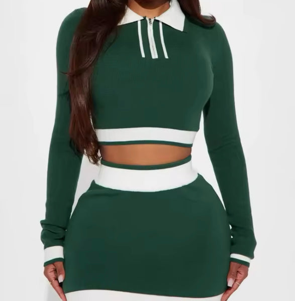 Women Sexy Color Patchwork Collar Full Sleeve Two Piece Skirt Set