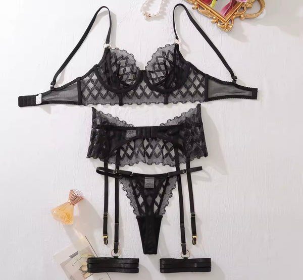Women Sexy Black Printed Mesh Thong Lingerie Set
