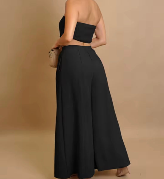 Women Sexy Button Up Strapless Two Piece Wide Leg Pant Set
