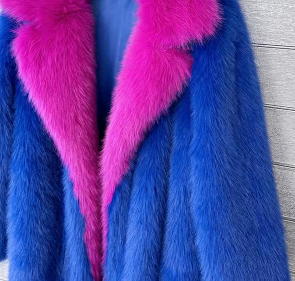 Women Color Patchwork Fashion Faux Fur Long Jacket