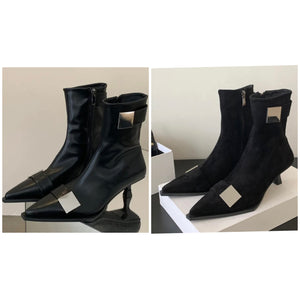 Women Black Pointed Toe Buckled Fashion Ankle Boots