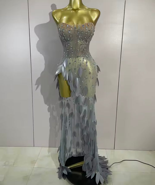 Women Silver Strapless Sequins Rhinestone Side Split Maxi Dress