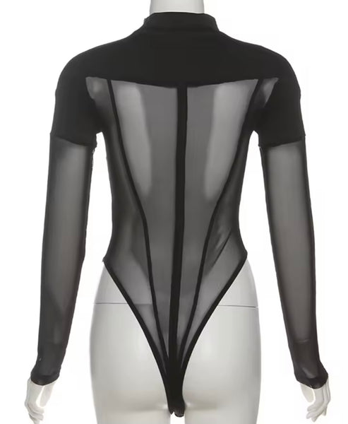Women Sexy Fashion Black Mesh Full Sleeve Bodysuit Top