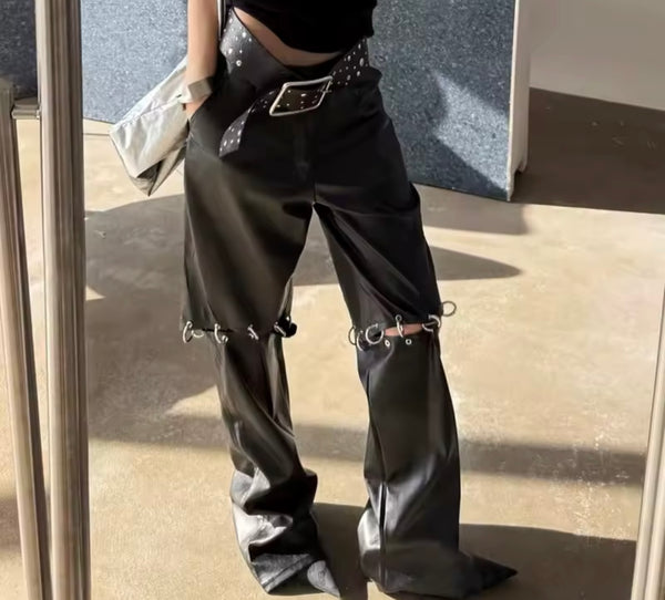 Women Fashion Black Metal Detachable Faux Leather Pants