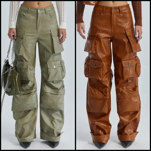 Women Fashion Faux Leather Cargo Pants