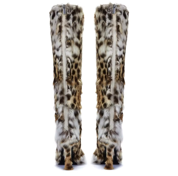 Women Fashion Animal Print Faux Fur Lace Up Knee High Boots